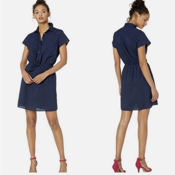 J. Crew Dresses & Skirts - J. Crew Mercantile Eyelet Collared Tie-Front Dress Fit &‎ Flare Blue Size Medium